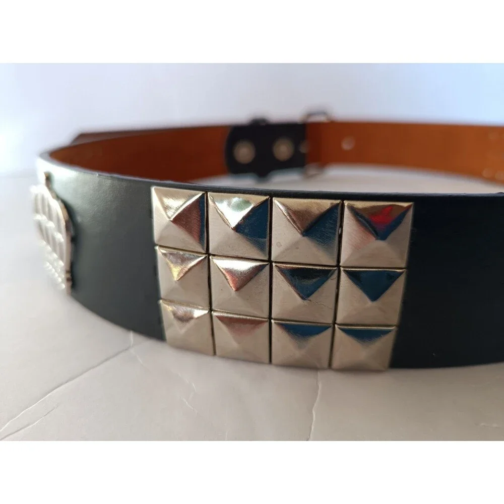 Black Studded Belt Genuine Leather Silver Pyramid Studs Unisex Waist 30-32